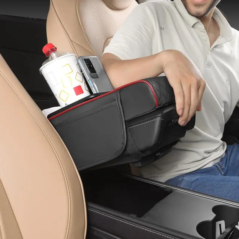 Car Armrest Pad, 5-In-1 Center Console Cover, with 2 Storage Bag Cup Holders, Tissue Box Slot, Sedan Phone Slot, Car Parts Interior Organizer (Black and Red)