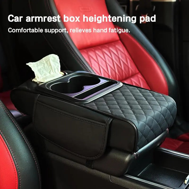 Car Armrest Pad, 5-In-1 Center Console Cover, with 2 Storage Bag Cup Holders, Tissue Box Slot, Sedan Phone Slot, Car Parts Interior Organizer (Black and Red)