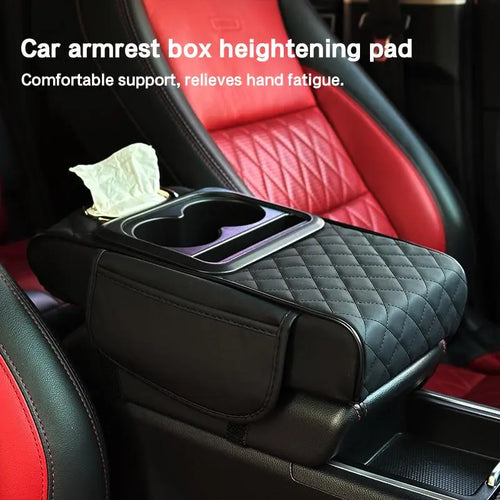 Car Armrest Pad, 5-In-1 Center Console Cover, with 2 Storage Bag Cup Holders, Tissue Box Slot, Sedan Phone Slot, Car Parts Interior Organizer (Black and Red)