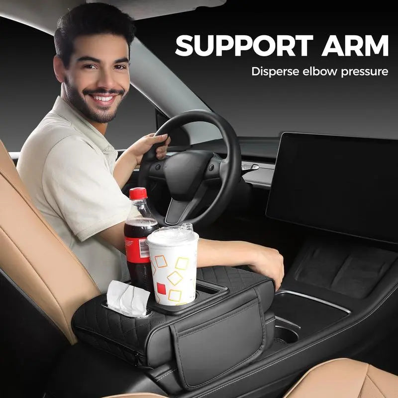 Car Armrest Pad, 5-In-1 Center Console Cover, with 2 Storage Bag Cup Holders, Tissue Box Slot, Sedan Phone Slot, Car Parts Interior Organizer (Black and Red)
