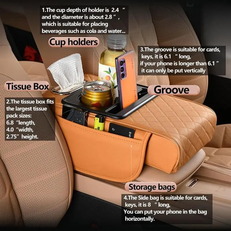 Car Armrest Pad, 5-In-1 Center Console Cover, with 2 Storage Bag Cup Holders, Tissue Box Slot, Sedan Phone Slot, Car Parts Interior Organizer (Black and Red)