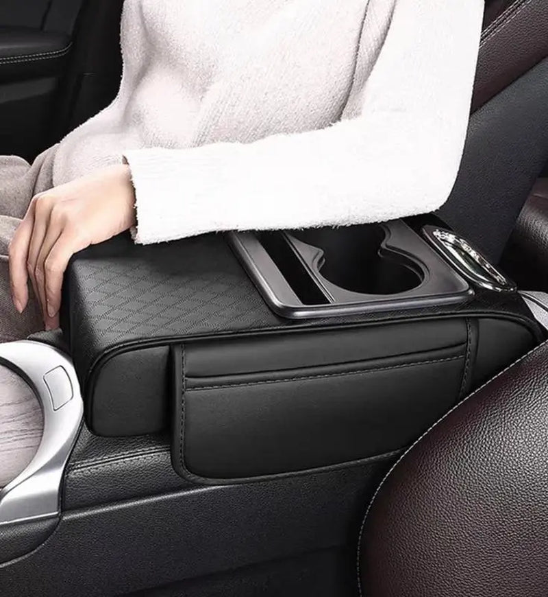 Car Armrest Pad, 5-In-1 Center Console Cover, with 2 Storage Bag Cup Holders, Tissue Box Slot, Sedan Phone Slot, Car Parts Interior Organizer (Black and Red)