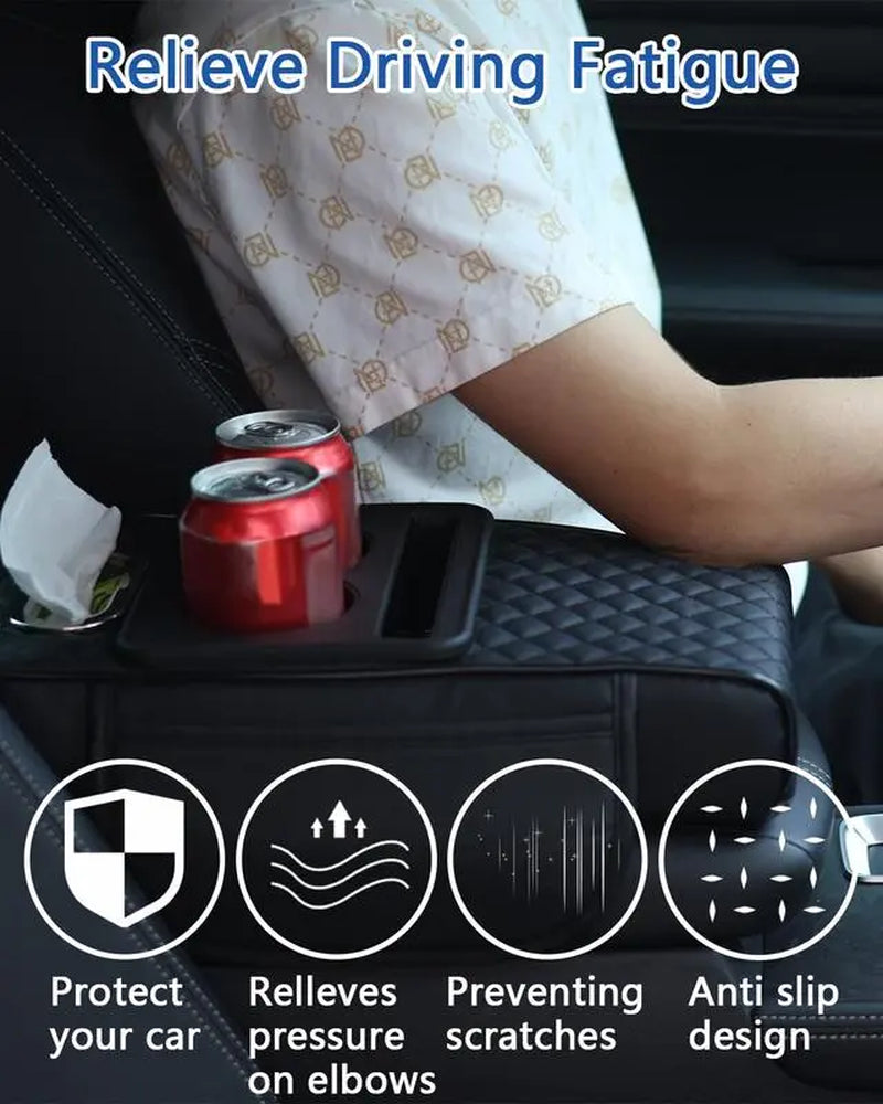 Car Armrest Pad, 5-In-1 Center Console Cover, with 2 Storage Bag Cup Holders, Tissue Box Slot, Sedan Phone Slot, Car Parts Interior Organizer (Black and Red)