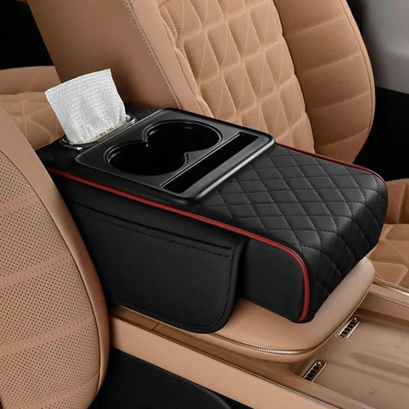 Car Armrest Pad, 5-In-1 Center Console Cover, with 2 Storage Bag Cup Holders, Tissue Box Slot, Sedan Phone Slot, Car Parts Interior Organizer (Black and Red)